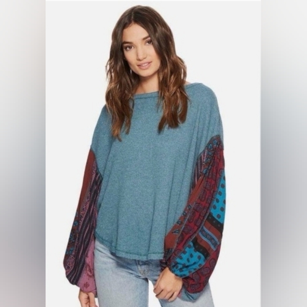 We The Free Waffle Knit Patchwork Bohemian Top Free People